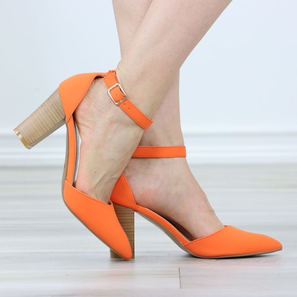Shoes - Pointed Toe Block Heel High Heel Stiletto Shoes Orange Nubuck